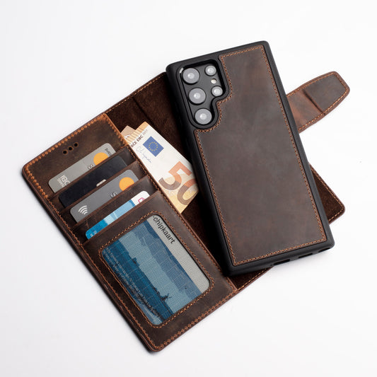Wachikopa Genuine Leather Magic Bookcase 2 in 1 for Samsung Galaxy S24 Ultra Dark Brown