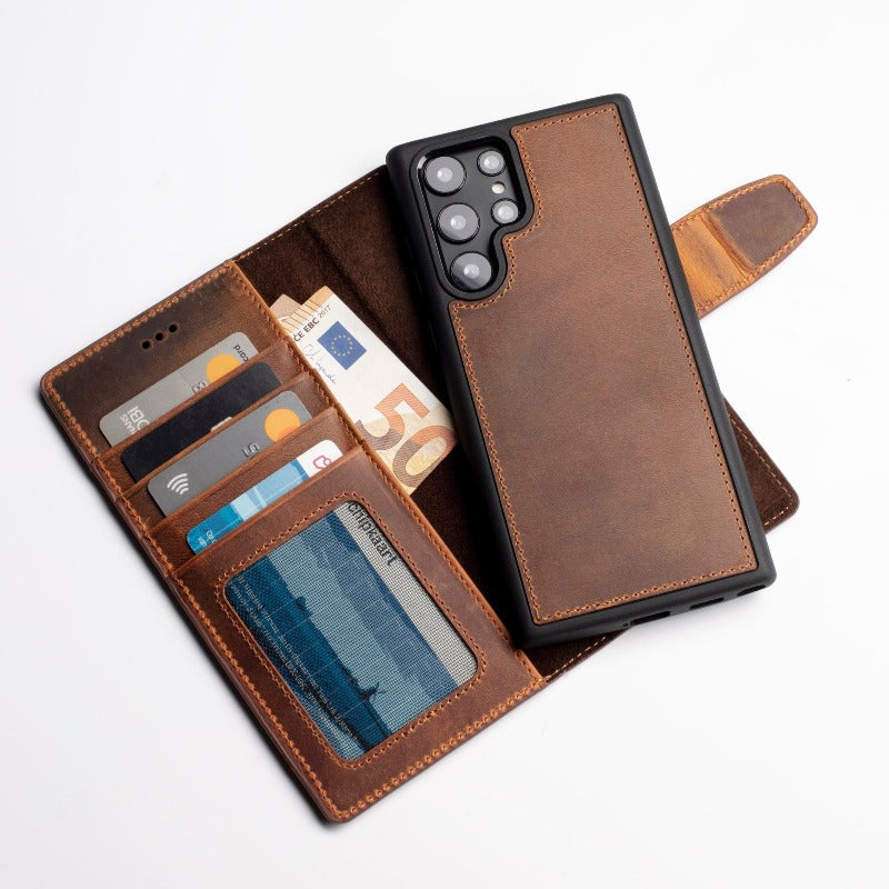 Wachikopa Genuine Leather Magic Book Case 2 in 1 for Samsung S26 Ultra Brown