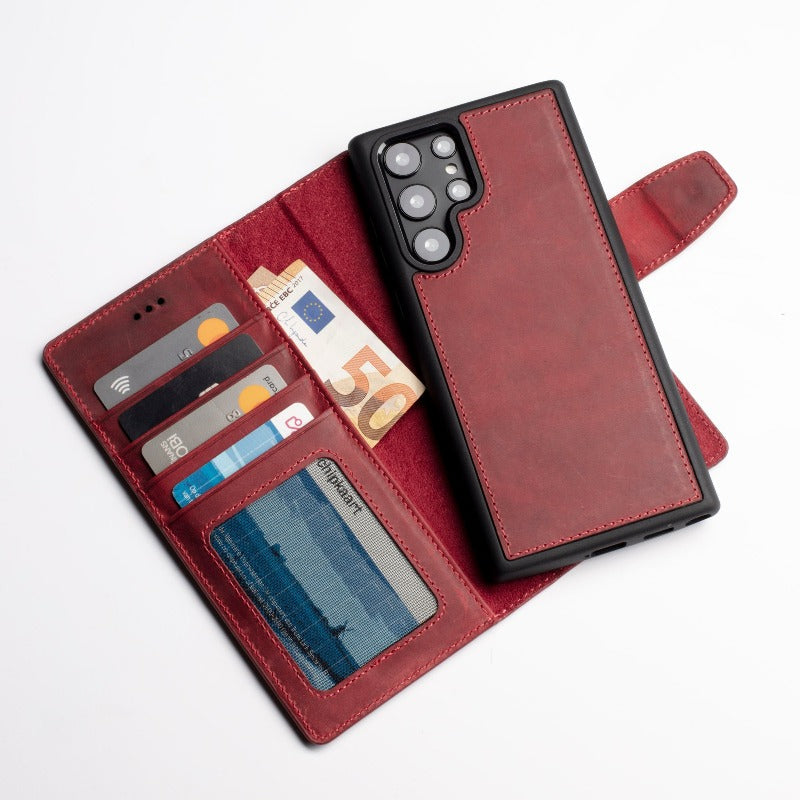 Wachikopa Genuine Leather Magic Book Case 2 in 1 for Samsung S22 Plus Red